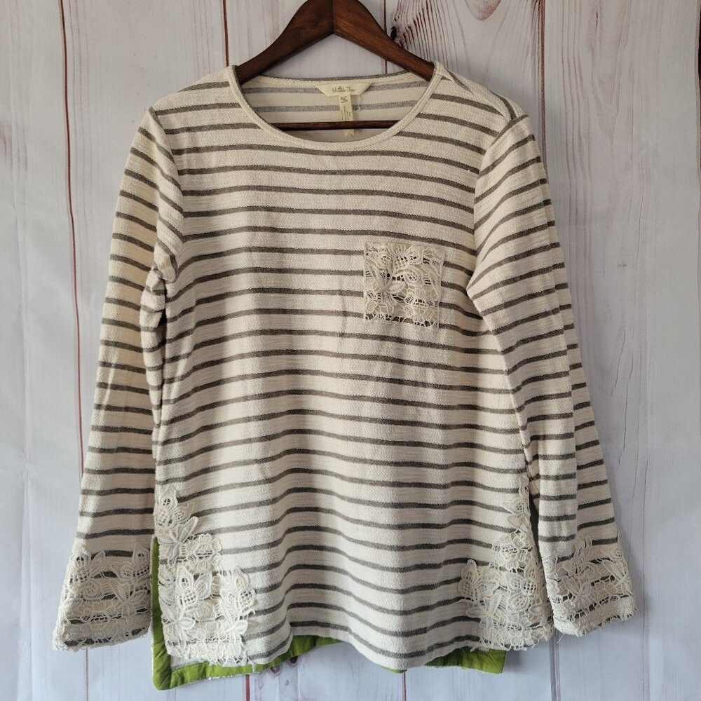Matilda Jane Women’s M Long Sleeve Striped Top w/ Lace trim, 100 % Cotton
